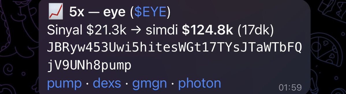 A Telegram message promotes a 5x signal for the meme token $EYE, showing a market cap increase from $21.3k to $124.8k (17k), with tags for pump, dexs, gmgn, and photon. The image aligns with the post's pitch to join an exclusive Telegram meme trading group by showcasing a profitable call to entice new members.