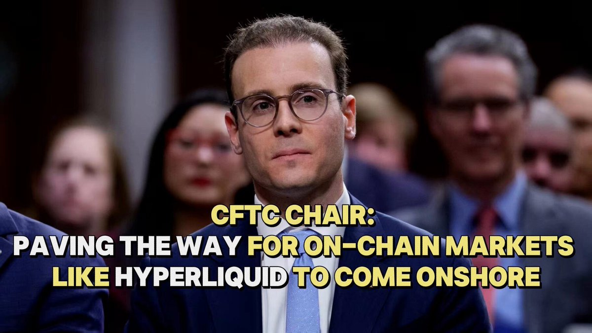 The image features a man wearing glasses standing against a gray background with text that reads "CFTC Chair: Paving the Way for On-Chain Markets Like Hyperliquid to Come Onshore On June 15, 2026, CFTC Chairman Mike Selig discussing the regulatory pathway for bringing decentralized perpetual contract platforms like Hyperliquid to the United States on the Bankless podcast". The man in glasses is described as a "CFTC Chair" and he is wearing a suit.