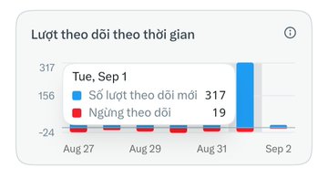 Bar chart in Vietnamese titled 'Lượt theo dõi theo thời gian' showing 'Số lượt theo dõi mới: 317' and 'Ngừng theo dõi: 19' on Tue, Sep 1.