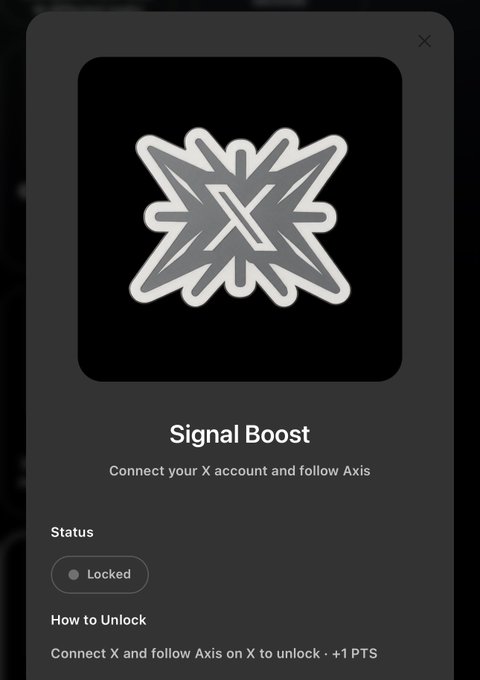 A "Signal Boost" popup showing an X logo and instructions to "Connect X and follow Axis" to unlock +1 PTS for a Discord role. The image relates to the post by illustrating the Axis Points reward system tied to X (formerly Twitter) account connections, which contributes to earning higher contribution roles like the Z-Axis role mentioned.