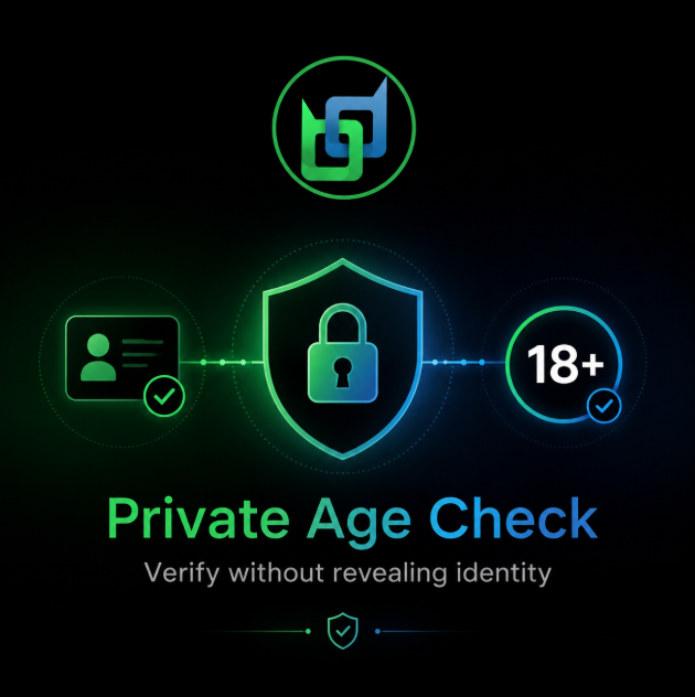 Promotional graphic for a 'Private Age Check' service with the tagline 'Verify without revealing identity,' featuring icons for ID verification, security shield with lock, and an 18+ check.