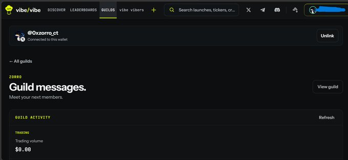 A screenshot of the Vibe/Vibe platform showing a guild named 'Guild messages' for user @Oxxorro_ct, with the wallet connected and $0.00 trading volume displayed.