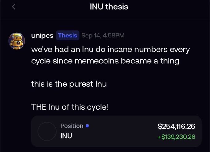 A screenshot of a chat titled 'INU thesis' where 'unipcs' discusses an 'Inu' cycle, showing a position value of $254,116.26 with a gain of +$139,230.26.