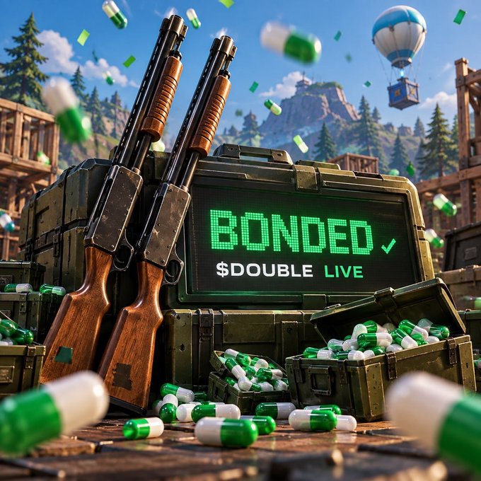 A Fortnite-style game scene featuring two shotguns, ammunition crates, and a green digital screen displaying "BONDED $DOUBLE LIVE" with a checkmark.