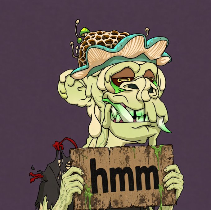 A cartoon illustration of a green zombie-like character with mushrooms growing from its head, holding a weathered wooden sign that reads 'hmm'.