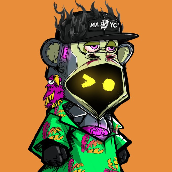 A cartoon illustration of a monkey wearing a black 'MAYC' cap with flames on top, a green patterned shirt, and a yellow smiley face on its muzzle, with a purple bird perched on its shoulder.
