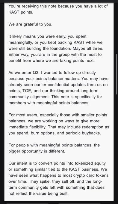 A screenshot of an official message from the KAST team addressed to members with significant KAST points, outlining plans to convert points into tokenized equity tied to the KAST business while offering redemption and buyback options for smaller holders — directly illustrating the controversial shift away from a traditional airdrop that the post criticizes after years of community contribution.