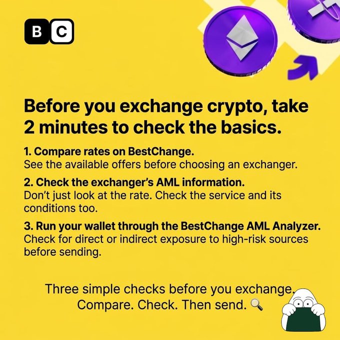 An informational graphic from BestChange with the text 'Before you exchange crypto, take 2 minutes to check the basics,' listing three steps to compare rates, check AML info, and analyze wallets.