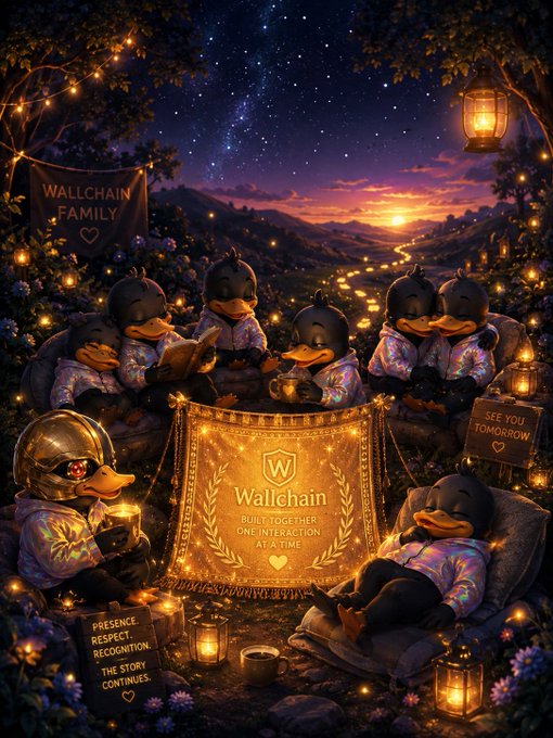 The image features a group of ducks sitting around a banner that says "Wallchain" with gold lettering, surrounded by flowers and trees at night. The text suggests that the ducks are part of a Wallchain family who have been resting together for many years. The scene is illuminated by lanterns hanging from branches in front of them, creating a warm and cozy atmosphere.