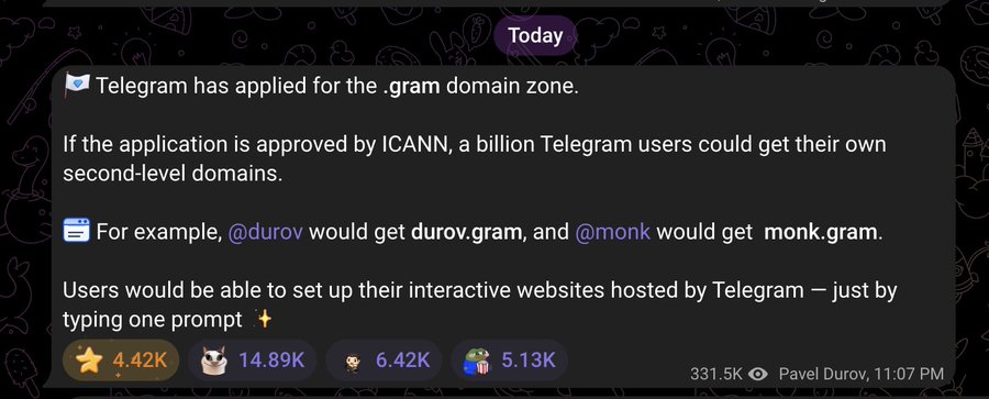 A Telegram post by Pavel Durov announces that Telegram has applied for the .gram domain zone, which if approved by ICANN would allow its billion users to claim second-level domains like durov.gram or monk.gram and host interactive websites through Telegram. The post shows 331.5K views and was made at 11:07 PM, with the accompanying message highlighting Telegram's expansion beyond messaging into website hosting and online identities.
