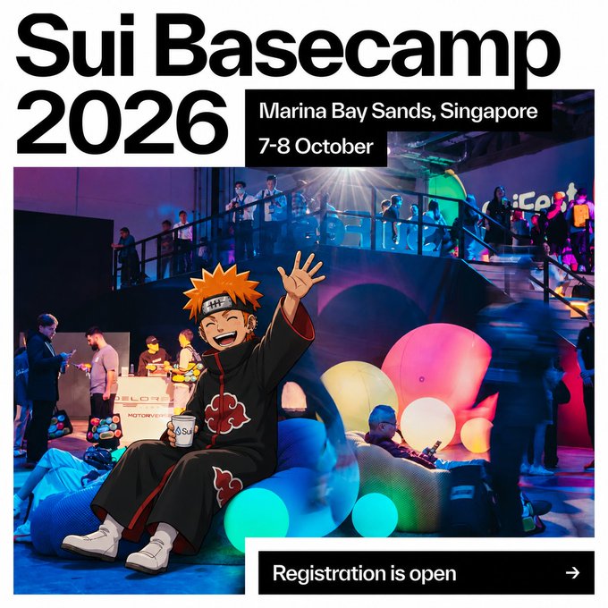A promotional poster for 'Sui Basecamp 2026' event at Marina Bay Sands, Singapore on 7-8 October, featuring an anime-style character resembling Naruto in Akatsuki robes waving cheerfully, with 'Registration is open' displayed.