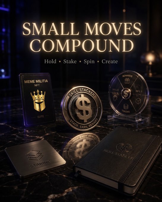 The image features a black marble table with various items placed on top of it. There are three coins, one gold coin and two silver coins, as well as a book titled "Small Moves Compound" written by a MemeMilitiaNFT. The text in the image reads "Small moves compound", which suggests that these objects might be related to financial or personal finance concepts.

The post is about building wealth through small daily actions and investing wisely, using the coins as an example of how small movements can accumulate over time. The MemeMilitiaNFT coin serves as a symbol for investing in oneself and one's future.