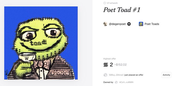 An NFT marketplace listing titled 'Poet Toad #1' from the 'Poet Toads' collection by @degenpoet, featuring a green toad character with the text 'toad' on its face, showing a highest offer of 2 ETH (~$152.02).