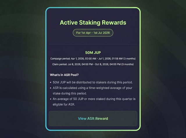 Crypto interface showing 'Active Staking Rewards' for 50M JUP from April 1, 2026 to July 1, 2026, detailing the campaign period and ASR pool rules.