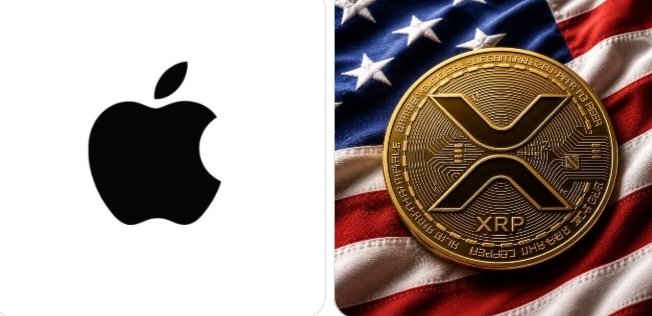 A split composition featuring the Apple logo on the left and a physical XRP coin resting on an American flag on the right, visually representing the speculative $3.5 billion Apple-XRP investment rumor mentioned in the post.
