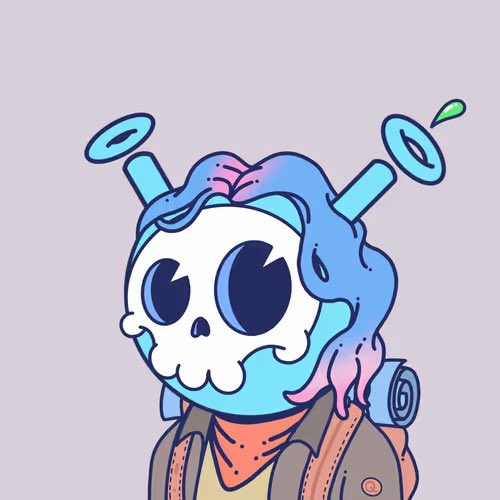 A cartoon illustration of a skull-faced character with blue and pink hair, blue antennae, and a backpack against a purple background.