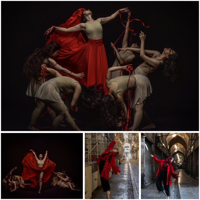 A photo collage of four images featuring dancers and a performer in red and beige attire; the main top image shows a central figure in a flowing red skirt surrounded by dancers with red ribbons against a black background, with smaller images below showing similar dance poses and a person in a red jacket in alleyways.