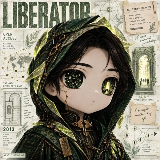 Anime-style artwork titled 'LIBERATOR' with text including 'OPEN ACCESS', 'THE GATE OPENS BOTH WAYS', '2013', 'NO INNER CIRCLE', 'Access expands possibility', 'I brought another key', and 'VLAD / STUDY 01', showing a hooded character with constellation-pattern eyes.