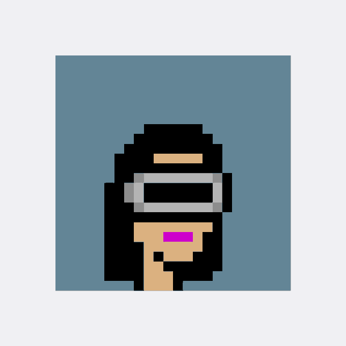 A pixelated portrait of CryptoPunk #7643, featuring a dark-hooded character wearing a VR headset with a small pink mouth visible, displayed against a solid blue background to mark the NFT's $240,629 acquisition by collector 0x517e…b2b6.