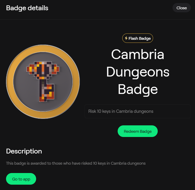 Badge details screen for a Cambria Dungeons Badge, earned by risking 10 keys in Cambria dungeons, featuring a pixelated hammer icon and a Flash Badge label.