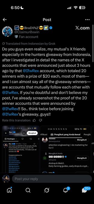 A screenshot of an X/Twitter “Post” by BroIDNZ/@Claimur0xwin discussing alleged favoritism in an Indonesian giveaway and naming @IfwReX as the announcer of 20 winners. The post includes Indonesian translation, mentions a $20 prize and a roughly $400 giveaway, and shows screenshots of related posts and payment addresses.