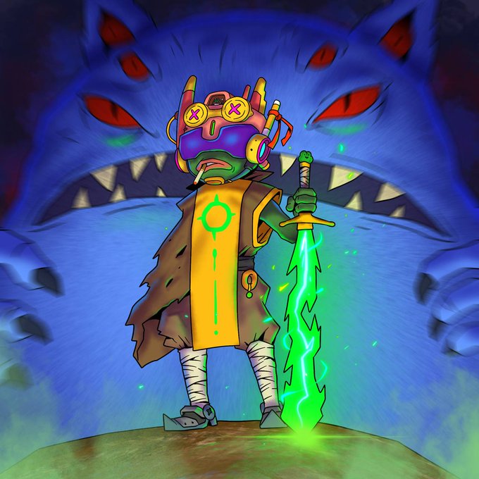 The image features a cartoon character with a sword and helmet standing next to a monster. The monster has red eyes and teeth that are open wide, giving an impression of aggression. The character appears to be wearing a brown coat and yellow pants while holding a green sword in their hand. The background is dark blue, which contrasts with the bright colors of the character's outfit. There is also text on the image that reads "Dear Explorers, We hope you' re all ready to discover your Pepes, because the exploration of distant lands is about to begin! Tickcounter.online/c/cbbf39ce-a44".