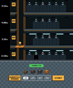 The image shows a mobile puzzle game where a character stands on an elevator between rows of numbered doors (10, 89, 80, 87) at various heights (4.56x, 4.88x, 3.16x, 2.58x), with a displayed balance of 0.0003 ETH and a "SHUFFLE DOORS" button—directly illustrating the post's claim about players winning ETH through gameplay.