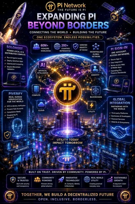 A promotional poster for "Pi Network" titled "EXPANDING PI BEYOND BORDERS" showcases features like Solohost, Pi Sign-In, Piverify, and Global Integration, with text emphasizing "ONE ECOSYSTEM, ENDLESS POSSIBILITIES."