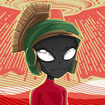 An animated illustration of a gray-skinned character wearing a green helmet with a tan mohawk crest and a red shirt, set against a red background with radiating light rays.