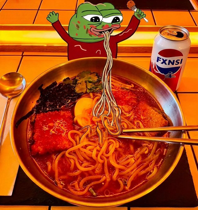 A bowl of red ramen with various toppings sits on an orange tiled table next to a can labeled 'FXNSI', with an animated cartoon frog holding chopsticks and noodles superimposed on the scene.