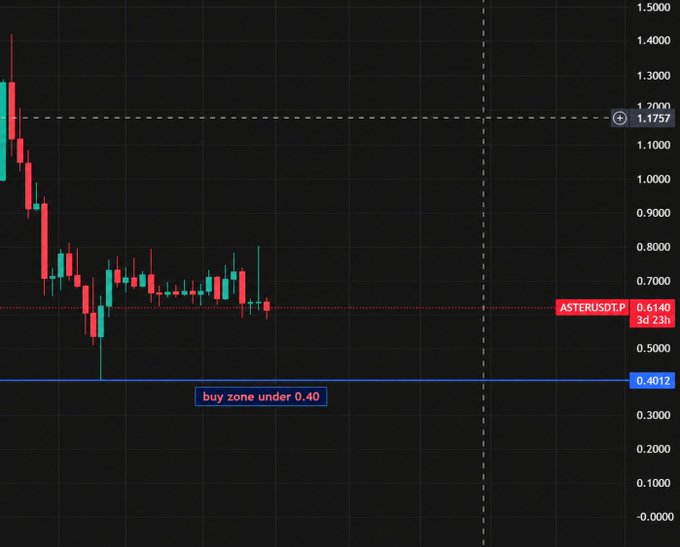 A candlestick chart of $ASTERUSDT.P shows the token's price hovering around $0.6140 with a marked "buy zone under 0.40," visually reinforcing the trader's strategy to wait for a long-term entry below that level.