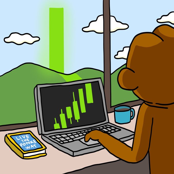 An illustration of a bear character looking at a laptop displaying green candlestick charts, with a book titled 'LIVE THE POMPKIN WAY' beside it and a green bar chart rising in the background.