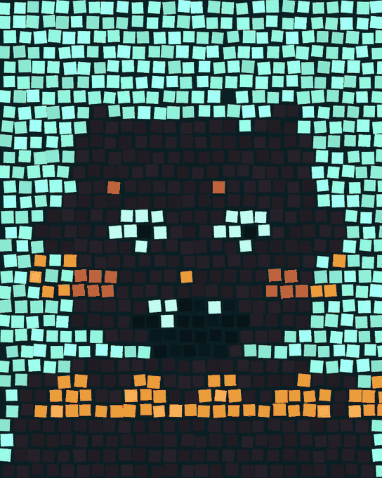 Pixel art mosaic of a brown, blob-like face with white and orange square features, surrounded by a light teal tiled background.