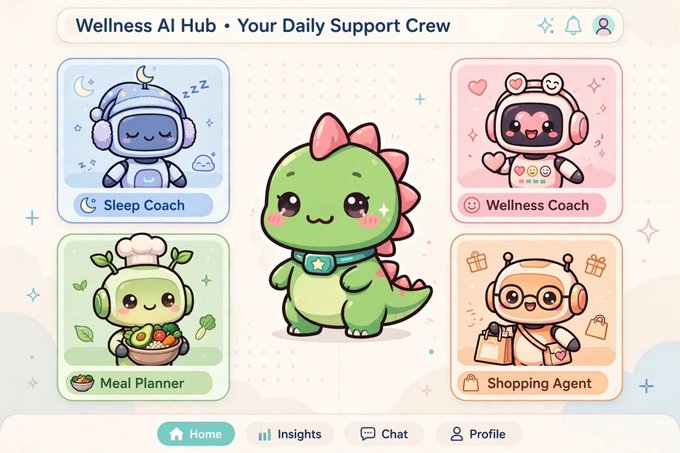 An app dashboard titled 'Wellness AI Hub • Your Daily Support Crew' featuring a green dinosaur mascot surrounded by character icons for Sleep Coach, Wellness Coach, Meal Planner, and Shopping Agent.