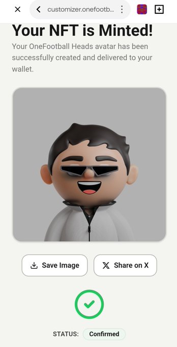 A confirmation page titled "Your NFT is Minted!" showing a 3D cartoon avatar with sunglasses, indicating the OneFootball Heads avatar has been delivered to the wallet, with options to save or share and status marked as "Confirmed".