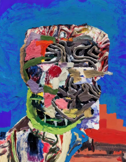 A vibrant abstract expressionist portrait painting featuring bold strokes of blue, red, green, pink, and purple forming a fragmented face against a deep blue background.