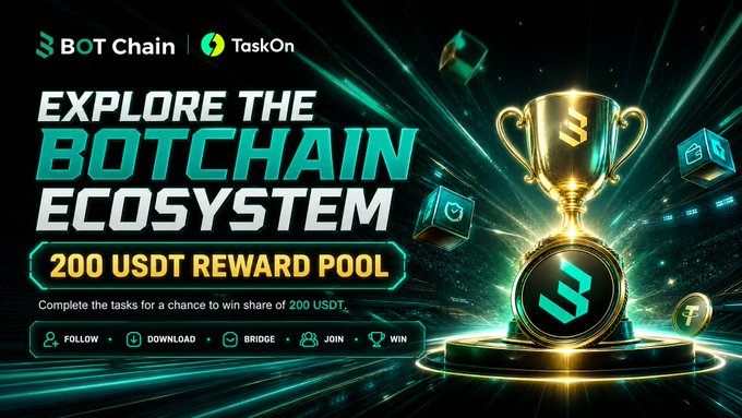 A promotional banner for 'BOT Chain | TaskOn' with the text 'EXPLORE THE BOTCHAIN ECOSYSTEM' and '200 USDT REWARD POOL', featuring a golden trophy and digital cubes.