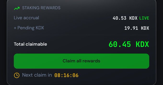 A cryptocurrency staking rewards interface showing '40.53 KDX' live accrual, '19.91 KDX' pending, for a 'Total claimable' of '60.45 KDX', with a green 'Claim all rewards' button and a timer reading '08:16:06'.