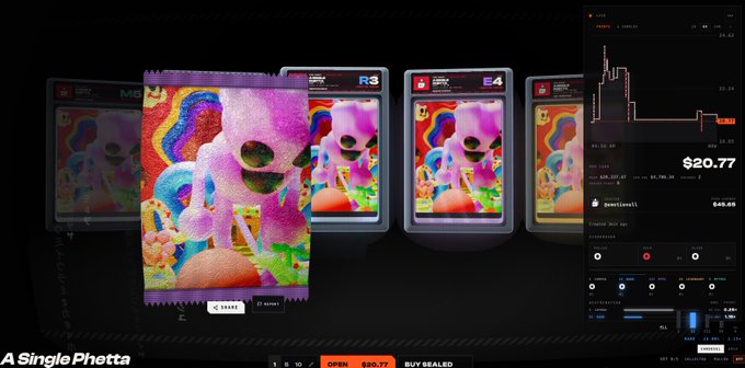 A digital trading card interface displaying 'A Single Phetta' with a price of $20.77, showing colorful cartoon artwork of a pink creature on multiple card variants and a price chart on the right side.