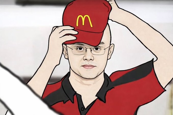 A man with glasses puts on a McDonald's red cap with the golden "M" logo, while wearing a red shirt resembling a McDonald's uniform. The cartoon-style image humorously references the post about CZ (likely Changpeng Zhao), contrasting his foreign upbringing and limited Chinese with his McDonald's background and the pun "Rich bird" (a play on "mcdonald's" sounding like "ma ji dao" / "rich guy").