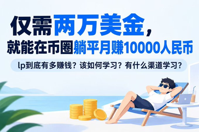 A promotional graphic featuring a man relaxing on a beach chair beside stacks of gold coins, with Chinese text advertising that just $20,000 USDT can earn a monthly income of 10,000 RMB through crypto LP (liquidity provider) strategies, while asking questions about LP profitability, principles, and learning resources for beginners.