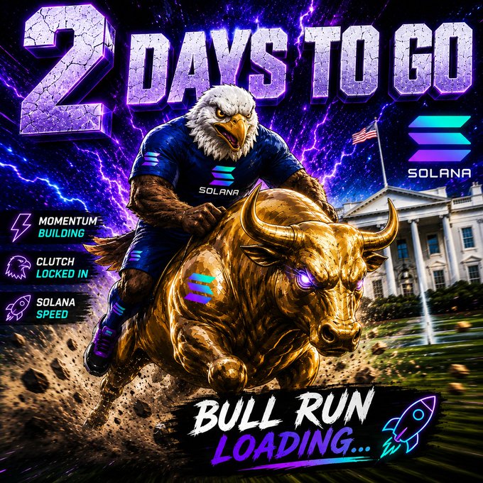 The image features a man riding a bull, which is galloping across a field while a banner displays the text "2 Days To Go." The caption below the image reads "Bull Run Loading... No brakes. No fear. Just forward. Who's riding with Clutch? #Solana #CryptoX #Countdown #fifa". This suggests that the man on the bull is participating in an event or promotion related to cryptocurrency, specifically Solana, and that the bull represents a symbol of progress and innovation within the crypto world.