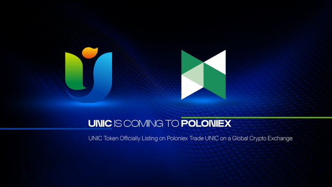A promotional graphic announcing UNIC Token's listing on Poloniex exchange, featuring the UNIC and Poloniex logos side by side against a blue background with the headline "UNIC IS COMING TO POLONIEX" and the subtext "UNIC Token Officially Listing on Poloniex, Trade UNIC on a Global Crypto Exchange."