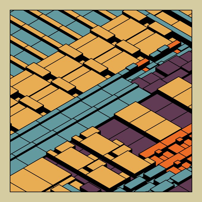 An abstract geometric artwork features overlapping rectangular blocks in teal, yellow, purple, and orange hues.