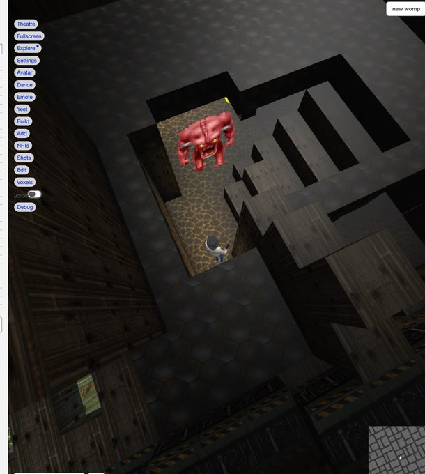 A screenshot from a voxel-based game (appears to be Voxels) showing a red devil-like creature with horns standing in a dungeon-like environment with wooden crates and stairs, viewed from above. The left sidebar contains menu options including 'Theaze', 'Fullscreen', 'Settings', 'Avatar', 'Build', 'Add', and 'Voxels'.