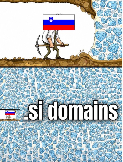 A meme depicting a miner digging for diamonds, with the miner and a larger diamond cluster above ground labeled with the Slovenian flag, and the vast diamond deposit below labeled '.si domains' alongside the Slovenian flag.