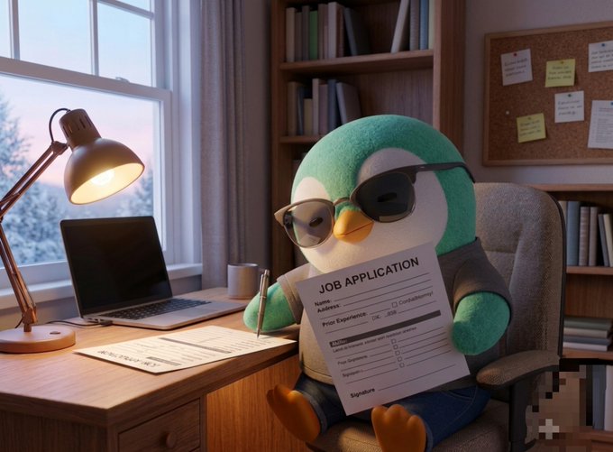 A 3D-rendered penguin wearing sunglasses and a vest sits at a desk filling out a 'JOB APPLICATION' form, with a laptop and books in the background.