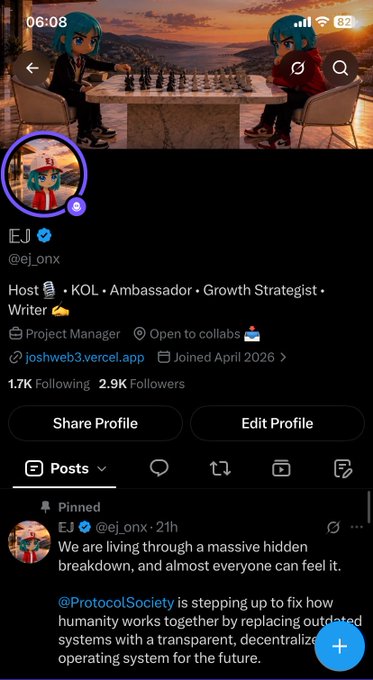 A screenshot of an X (Twitter) profile for 'EJ' (@ej_onx), a KOL and Host with 1.7K Following and 2.9K Followers, featuring anime-style avatars.