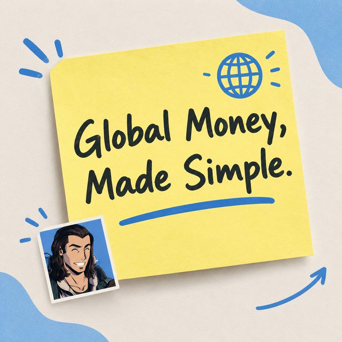 A yellow sticky note graphic with the text 'Global Money, Made Simple.' featuring a blue globe icon and a small photo of a smiling cartoon-style man with long dark hair.