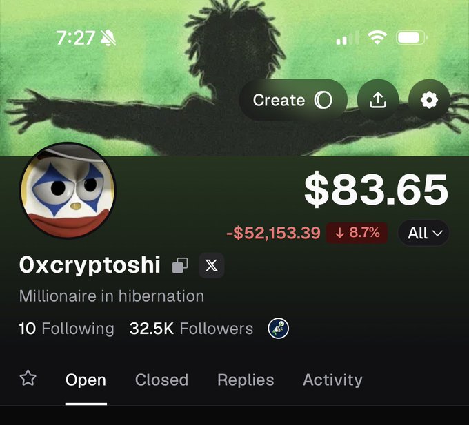 A Robinhood profile for "0xcryptoshi" — "Millionaire in hibernation" — shows a portfolio down $52,153.39 (8.7%) to $83.65, illustrating the heavy losses behind his farewell message.